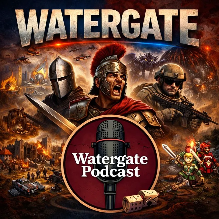 Portada de Watergate Podcast: un legionario romano, un caballero y un soldado sobre un campo en llamas, con el micrófono del podcast en el centro